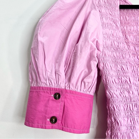 NWT GANNI COLOUR BLOCK Organic COTTON POPLIN SMOCKED MINI DRESS IN PHLOX PINK 38 - Picture 8 of 17